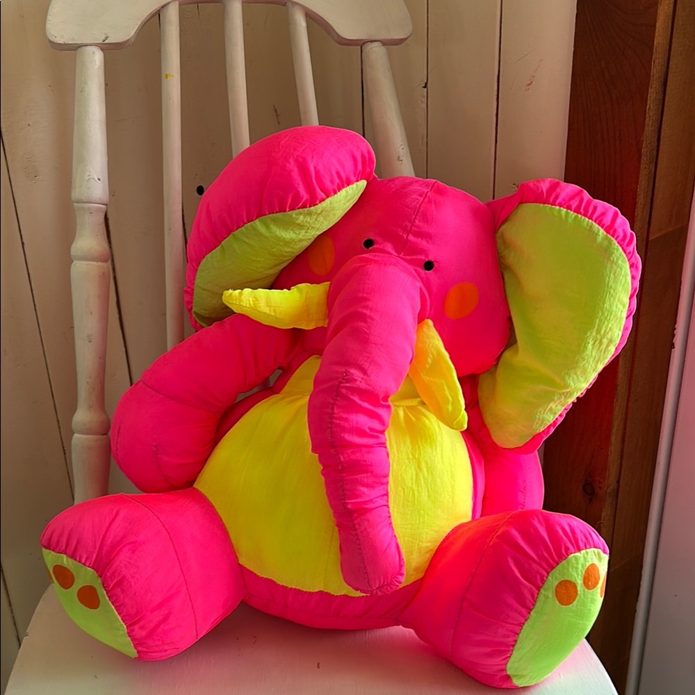 Vintage 1990s Stuffins Lumpys Neon Pink yellow Elephant Plush